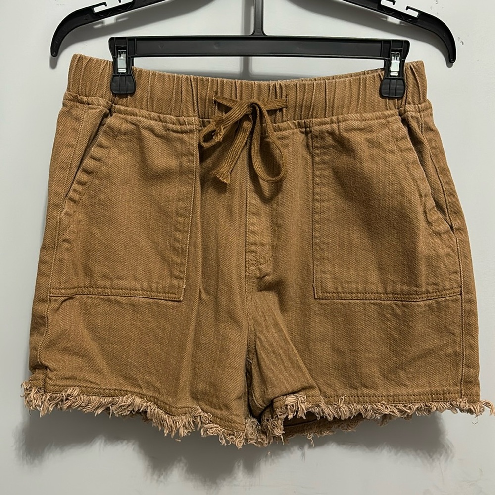 High-Rise Drawstring Frayed Hem Women's Shorts - Brown
